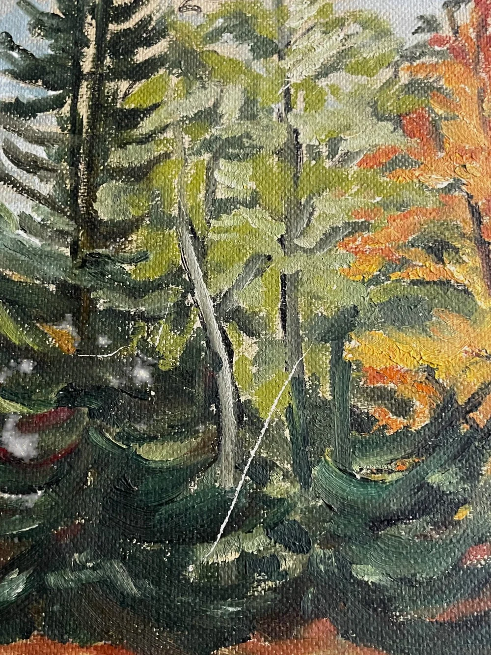 Vintage 1950s Signed Trees in the Fall Painting - Ornate Wood